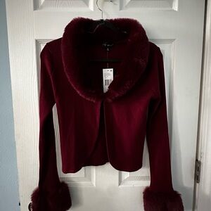 Say What? Burgundy Faux Fur Trim Cardigan
